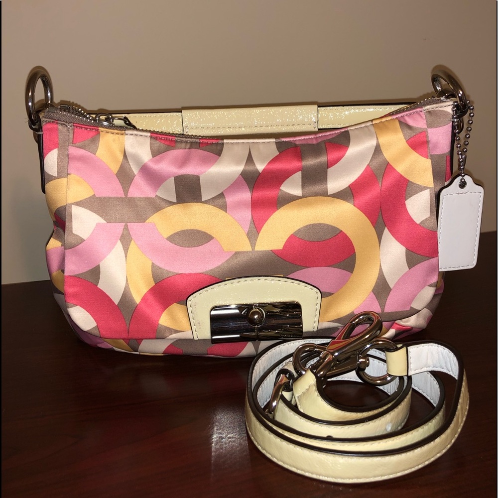 Coach handbag, multi color satiny finish fabric, pink, pale yellow